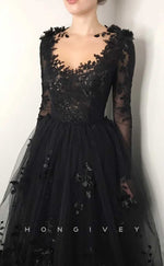 L2009 - Sexy A-Line Scoop Empire Lace Long Sleeve Beaded Floral Appliques Party Prom Evening Dress