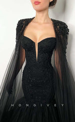 L2011 - Sexy Black Trumpt V-Neck Empire Detachable Bolero Beaded With Tulle Train Party Prom Evening Dress