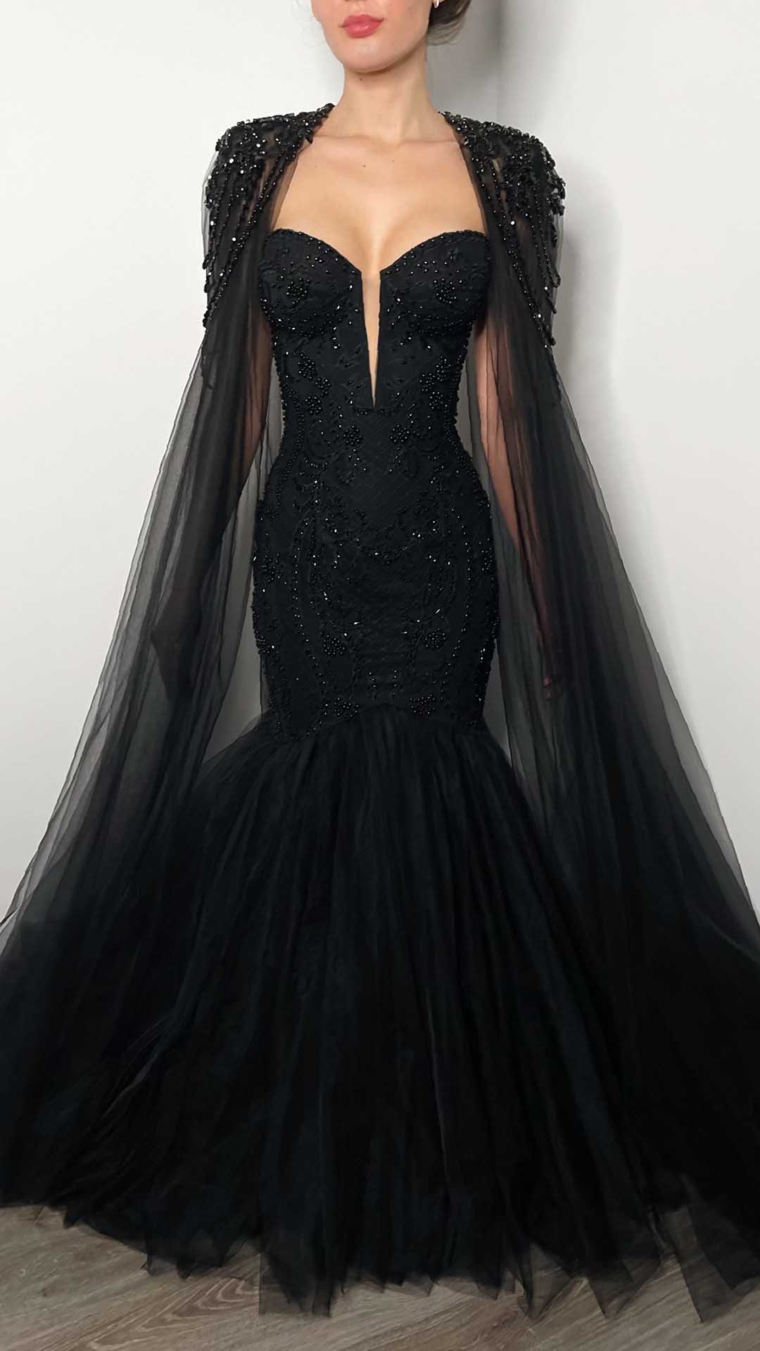 L2011 - Sexy Black Trumpt V-Neck Empire Detachable Bolero Beaded With Tulle Train Party Prom Evening Dress