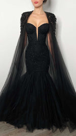 L2011 - Sexy Black Trumpt V-Neck Empire Detachable Bolero Beaded With Tulle Train Party Prom Evening Dress