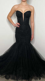 L2011 - Sexy Black Trumpt V-Neck Empire Detachable Bolero Beaded With Tulle Train Party Prom Evening Dress