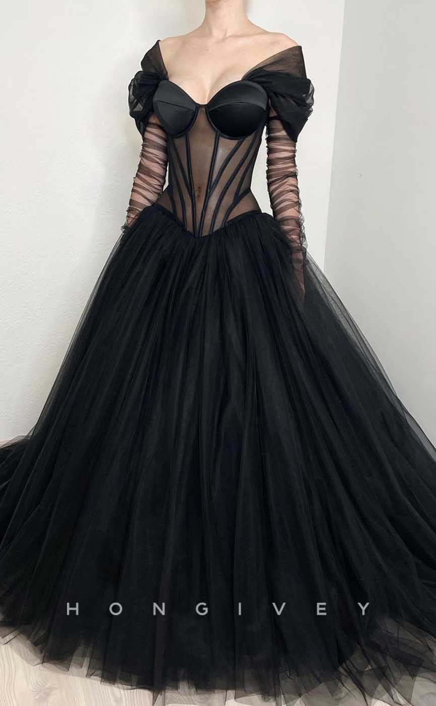 L2010 - Sexy Tulle A-Line Off-Shoulder Lace Long Sleeve Illusion With Train Party Prom Evening Dress