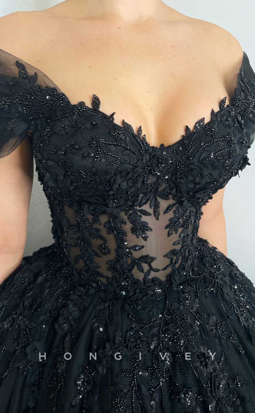 L2015 - Sexy Tulle A-Line Off-Shoulder Empire Illusion Beaded Appliques Party Prom Evening Dress