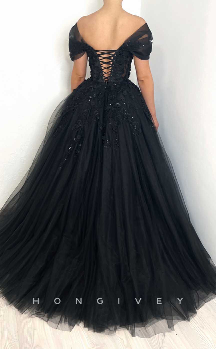 L2015 - Sexy Tulle A-Line Off-Shoulder Empire Illusion Beaded Appliques Party Prom Evening Dress