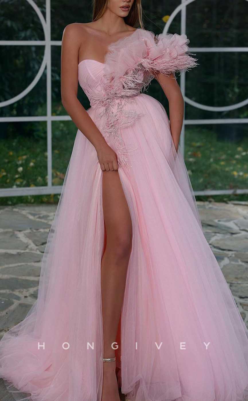 L2018 - Sexy Tulle A-Line Sweetheart Strapless Empire Floral Embossed With Side Slit Party Prom Evening Dress