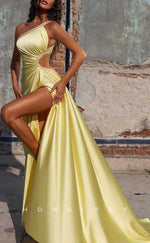 L2019 - Sexy Satin A-Line One Shoulder Empire Illusion Beaded Ruched With Side Slit Party Prom Evening Dress