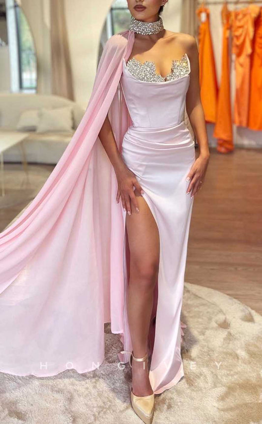 L2020 - Sexy Satin Fitted Asymmetrical Empire Ruched Beaded With Halter Bolero Party Prom Evening Dress