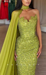 L2022 - Sexy Fitted Glitter Asymmetrical Sleeveless Empire Ruched Sequined Party Prom Evening Dress