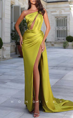 L2027 - Sexy Satin Fitted One Shoulder Empire Ruched With Side Slit Train Party Prom Evening Dress