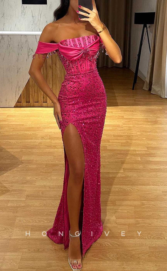L2028 - Sexy Satin Fitted Off-Shoulder Empire Sequined Floor-Length With Side Slit Party Prom Evening Dress