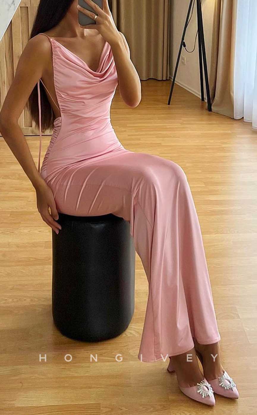 L2030 - Sexy Satin Fitted Asymmetrical Spaghetti Straps Empire Ruched Party Prom Evening Dress