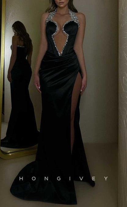 L2031 - Sexy Satin Fitted Halter Illusion Empire Beaded With Side Slit Train Party Prom Evening Dress