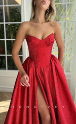 L2036 - Sexy Glitter Satin A-Line Bateau Strapless Empire With Side Slit Party Prom Evening Dress