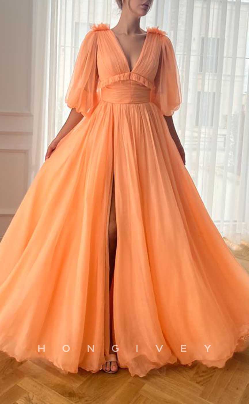 L2037 - Sexy Tulle A-Line V-Neck Puff Sleeves Floral Empire With Side Slit Party Prom Evening Dress