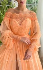 L2038 - Sexy Tulle A-Line Off-Shoulder Long Sleeve Empire Belt With Side Slit Party Prom Evening Dress