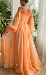 L2038 - Sexy Tulle A-Line Off-Shoulder Long Sleeve Empire Belt With Side Slit Party Prom Evening Dress