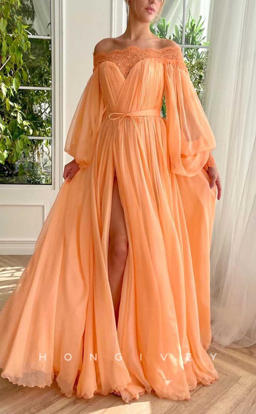 L2038 - Sexy Tulle A-Line Off-Shoulder Long Sleeve Empire Belt With Side Slit Party Prom Evening Dress