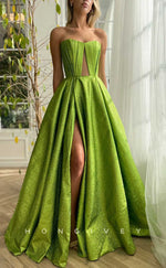 L2039 - Sexy Satin A-Line Sweetheart Strapless Empire With Side Slit Train Party Prom Evening Dress