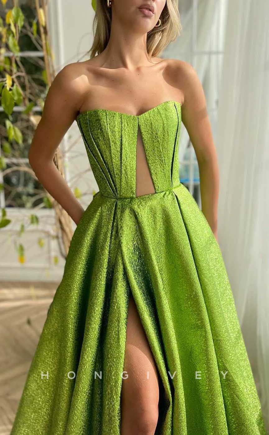 L2039 - Sexy Satin A-Line Sweetheart Strapless Empire With Side Slit Train Party Prom Evening Dress