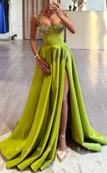 L2041 - Sexy Satin A-Line Off-Shoulder Empire Beaded With Side Slit Party Prom Evening Dress