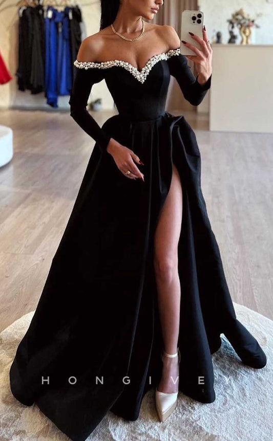 L2042 - Sexy Satin A-Line Off-Shoulder Long Sleeve Empire Beaded With Side Slit Party Prom Evening Dress