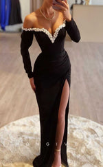 L2043 - Sexy Satin Fitted Off-Shoulder Long Sleeve Empire Beaded With Side Slit Party Prom Evening Dress