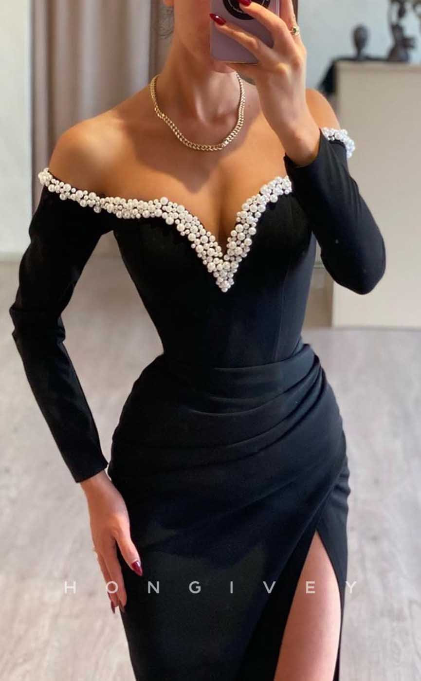 L2043 - Sexy Satin Fitted Off-Shoulder Long Sleeve Empire Beaded With Side Slit Party Prom Evening Dress