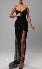 L2044 - Sexy Glitter Tulle Fitted V-Neck Spaghetti Straps Empire With Side Slit Train Party Prom Evening Dress