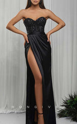 L2045 - Sexy Satin Fitted Sweetheart Strapless Empire Ruched Beaded With Side Slit Party Prom Evening Dress