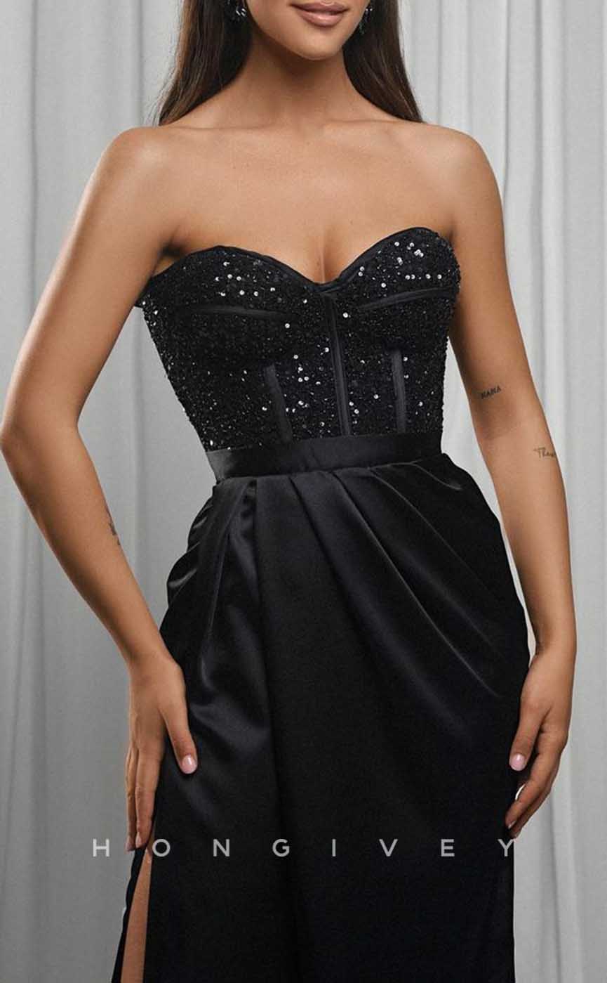 L2045 - Sexy Satin Fitted Sweetheart Strapless Empire Ruched Beaded With Side Slit Party Prom Evening Dress