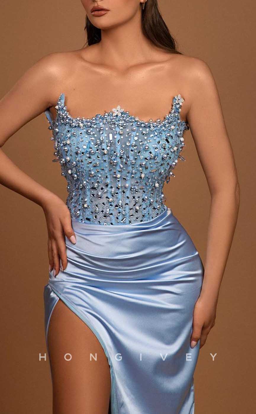 L2049 - Sexy Satin Fitted Asymmetrical Strapless Empire Beaded Ruched With Side Slit Train Party Prom Evening Dress