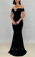 L2053 - Sexy Satin Trumpt Off-Shoulder Empire Beaded Floor-Length Party Prom Evening Dress