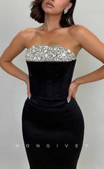 L2055 - Sexy Satin Fitted Strapless Sleeveless Empire Rhinestone Floor-Length Party Prom Evening Dress