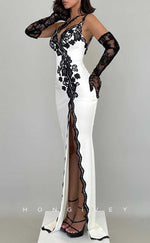 L2057 - Sexy Satin Fitted One Shoulder Illusion Empire Lace Appliques With Side Slit Party Prom Evening Dress