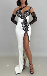 L2057 - Sexy Satin Fitted One Shoulder Illusion Empire Lace Appliques With Side Slit Party Prom Evening Dress