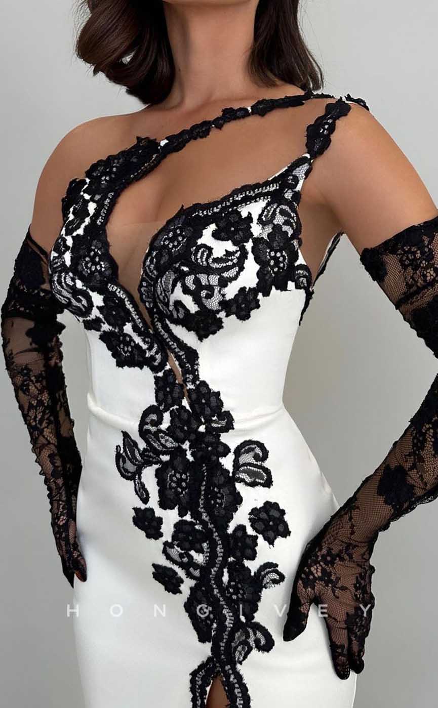 L2057 - Sexy Satin Fitted One Shoulder Illusion Empire Lace Appliques With Side Slit Party Prom Evening Dress