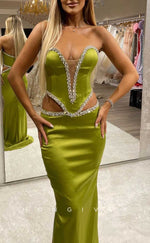 L2058 - Sexy Satin Fitted Plunging  V-Neck Strapless Illusion Empire Beaded Party Prom Evening Dress