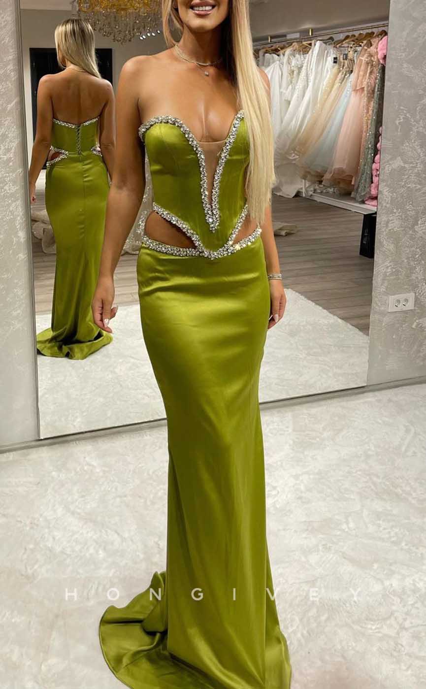 L2058 - Sexy Satin Fitted Plunging  V-Neck Strapless Illusion Empire Beaded Party Prom Evening Dress