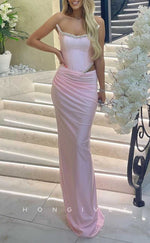 L2059 - Sexy Satin Fitted Bateau Sleeveless Empire Ruched Beaded Floor-Length Party Prom Evening Dress