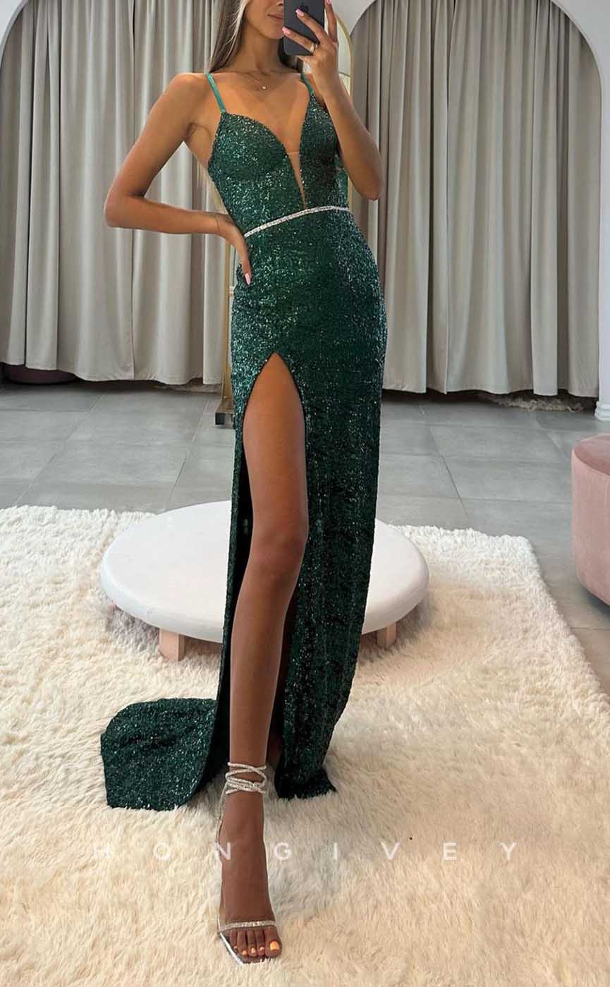 L2061 - Sexy Glitter Fitted Plunging V-Neck Spaghetti Straps Empire Fully Sequined Party Prom Evening Dress