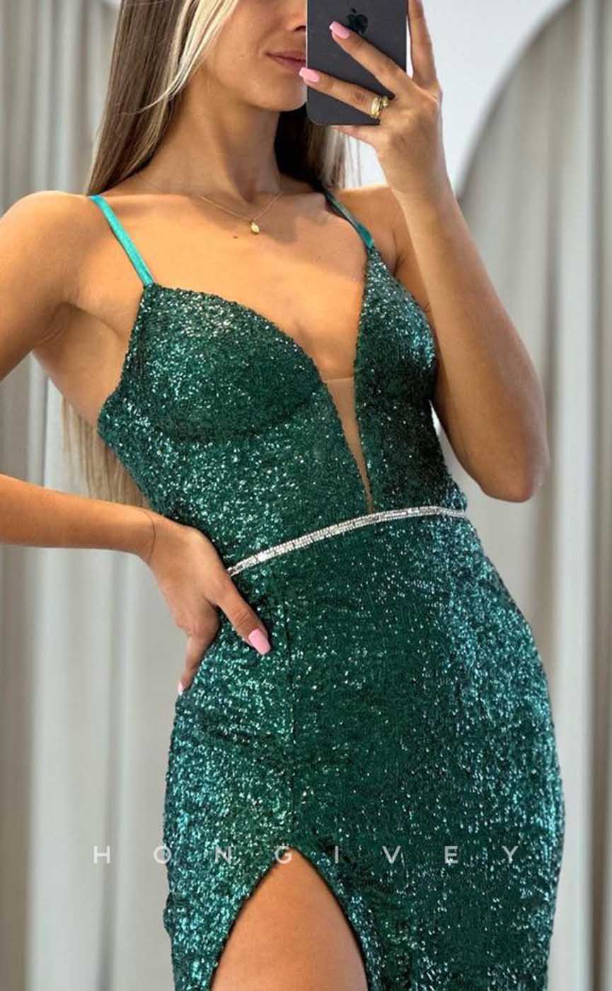 L2061 - Sexy Glitter Fitted Plunging V-Neck Spaghetti Straps Empire Fully Sequined Party Prom Evening Dress