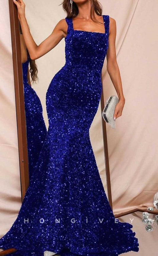 L2062 - Sexy Glitter Trumpt Square Straps Empire Fully Sequined With Train Party Prom Evening Dress