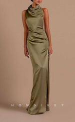 L2064 - Sexy Satin Fitted High Neck Sleeveless Empire Open Back Floor-Length Party Prom Evening Dress