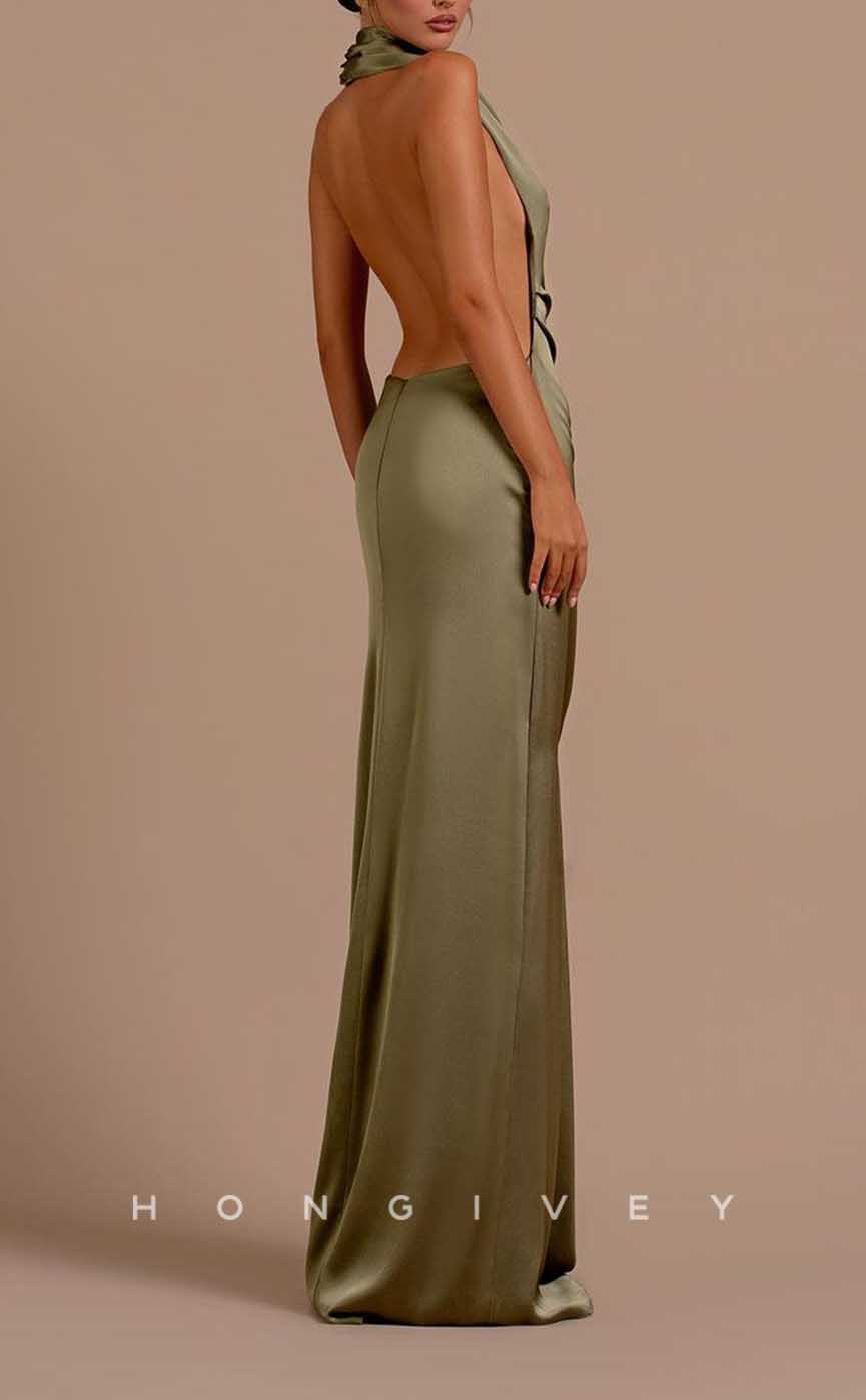 L2064 - Sexy Satin Fitted High Neck Sleeveless Empire Open Back Floor-Length Party Prom Evening Dress