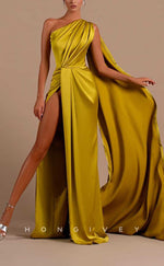 L2066 - Sexy Satin Fitted Off-Shoulder Sleeveless Empire Ruched With Side Slit Train Party Prom Evening Dress