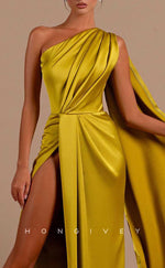 L2066 - Sexy Satin Fitted Off-Shoulder Sleeveless Empire Ruched With Side Slit Train Party Prom Evening Dress