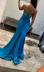 L2084 - Sexy Satin Trumpt Sweetheart Spaghetti Straps Empire Beaded Appliques With Side Slit Party Prom Evening Dress