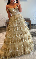 L2085 - Sexy Tulle A-Line Off-Shoulder Empire Tiered Sequined Appliques Party Prom Evening Dress