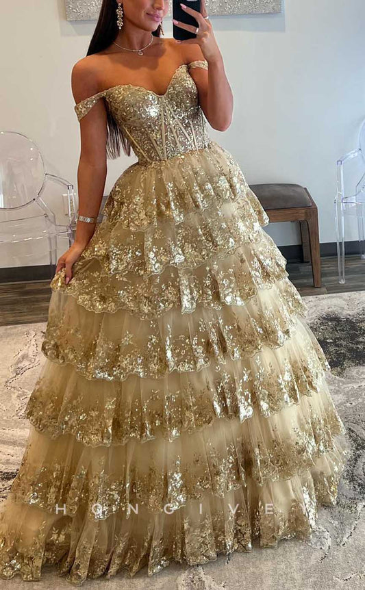 L2085 - Sexy Tulle A-Line Off-Shoulder Empire Tiered Sequined Appliques Party Prom Evening Dress