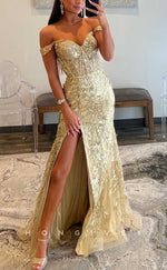 L2087 - Sexy Tulle A-Line Off-Shoulder Illusion Empire Sequined Appliques With Side Slit Party Prom Evening Dress